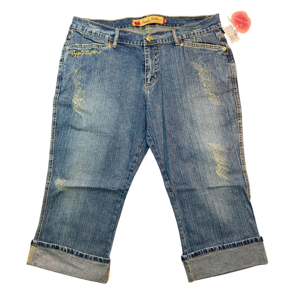 VTG Apple Bottoms Womens Jeans Size 14W Capri Distressed Yellow Embroidered NWOT - Picture 3 of 9
